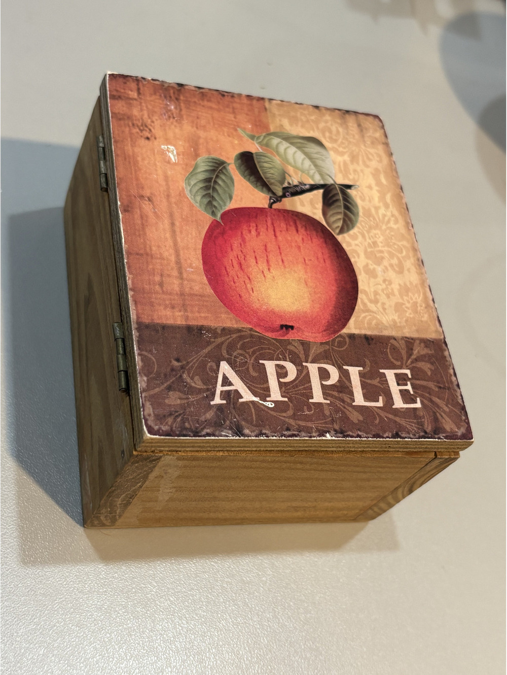 Vintage Wooden Apple Decor Box with Hinged Lid